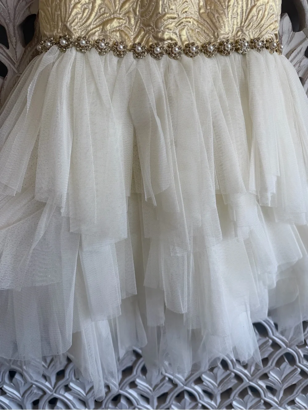 American Princess Girls Size 5 Gold Ivory Tulle Formal Dress